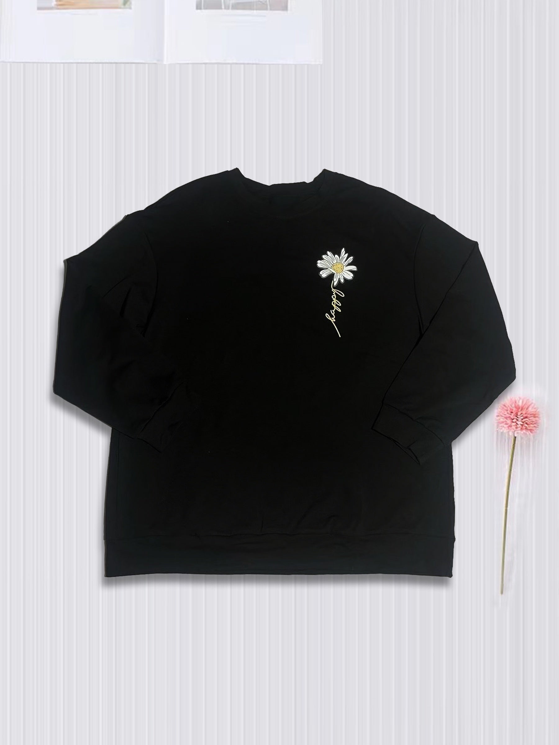 Daisy & Letter Print Sweatshirt Casual Long Sleeve Women's Clothing