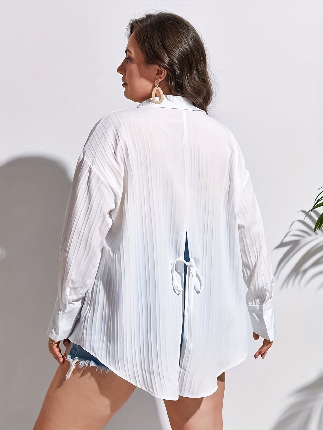 Solid Textured Long Sleeve Button Up Blouse