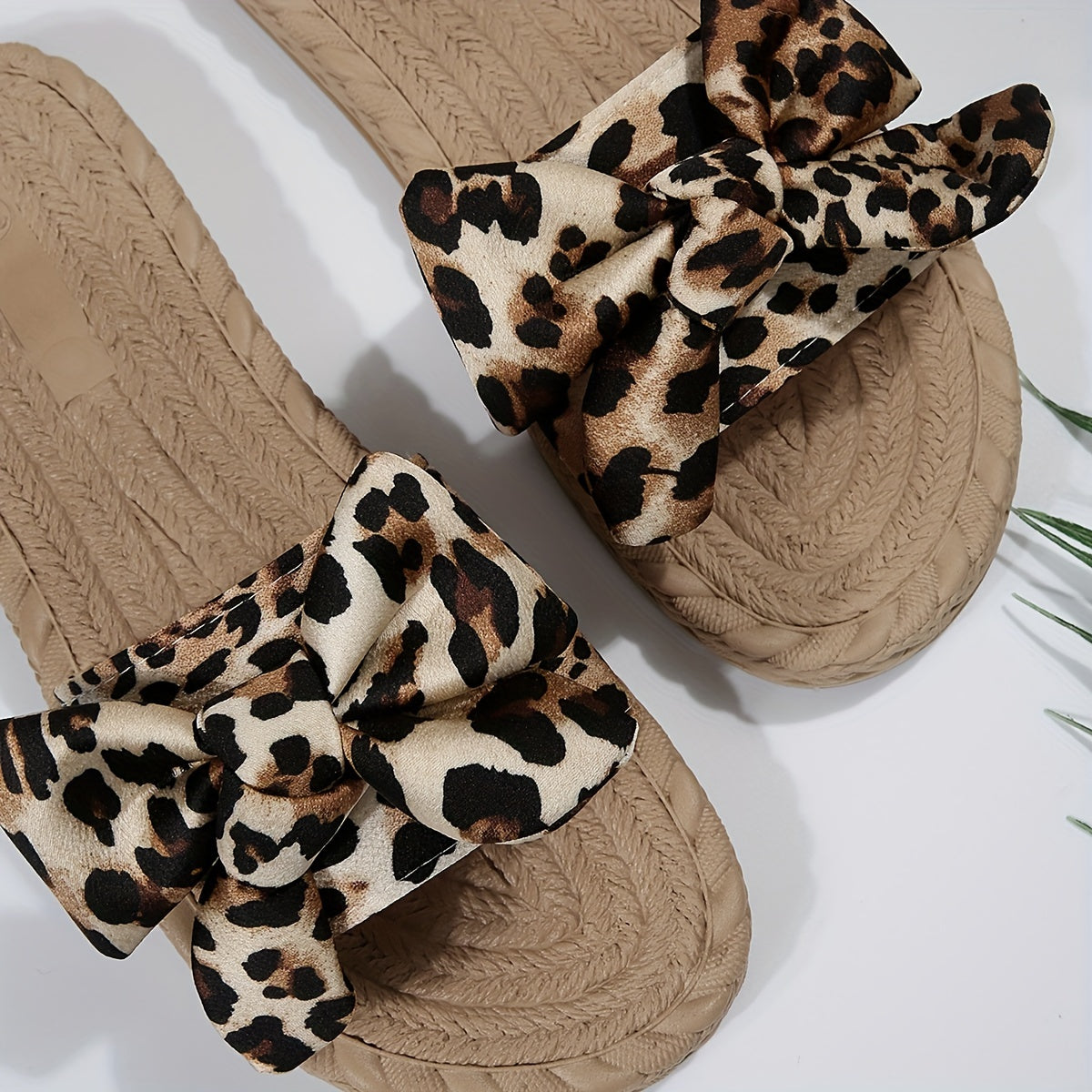 Leopard Pattern Bowknot Beach Slippers Flat Summer Slippers
