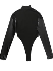 Turtleneck Faux Leather Long Sleeve Bodycon Bodysuit