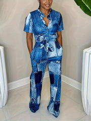 Denim Print Button Up Jumpsuit