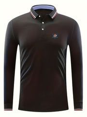 Men's Wolf Head Print Polo Shirt Long Sleeve