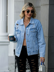 Ripped Flap Pockets Denim Jackets Button Closure Long Sleeve Lapel Denim Coats