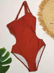 Brown One Shoulder Bathing Suit Cut Out Back Buckle Backless H