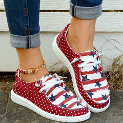 Polka Dot & American Flag Boat Shoes Lace Up Walking Shoes Round Toe Sneakers