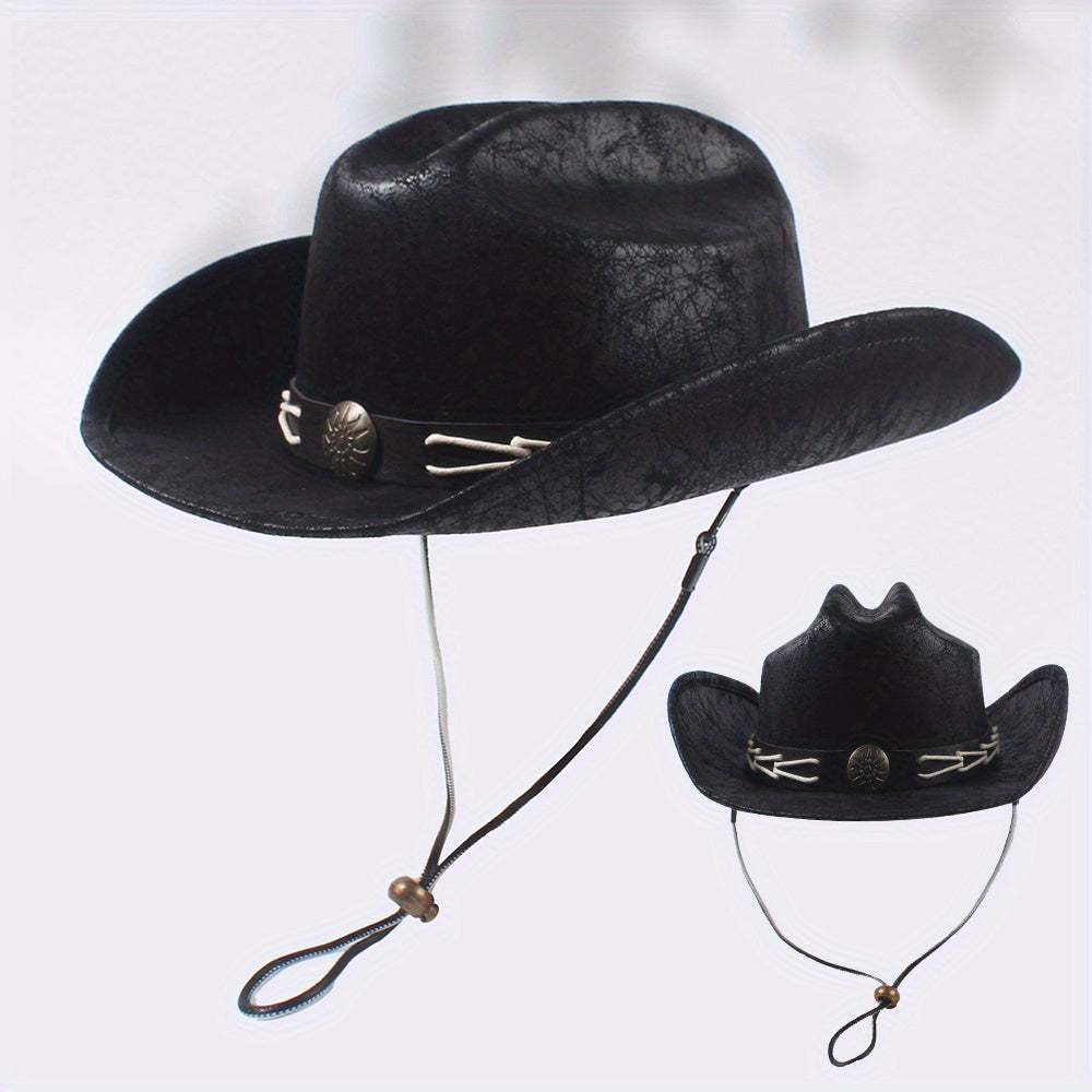 Vintage PU Leather Cowboy Hat Western Fedora Cap