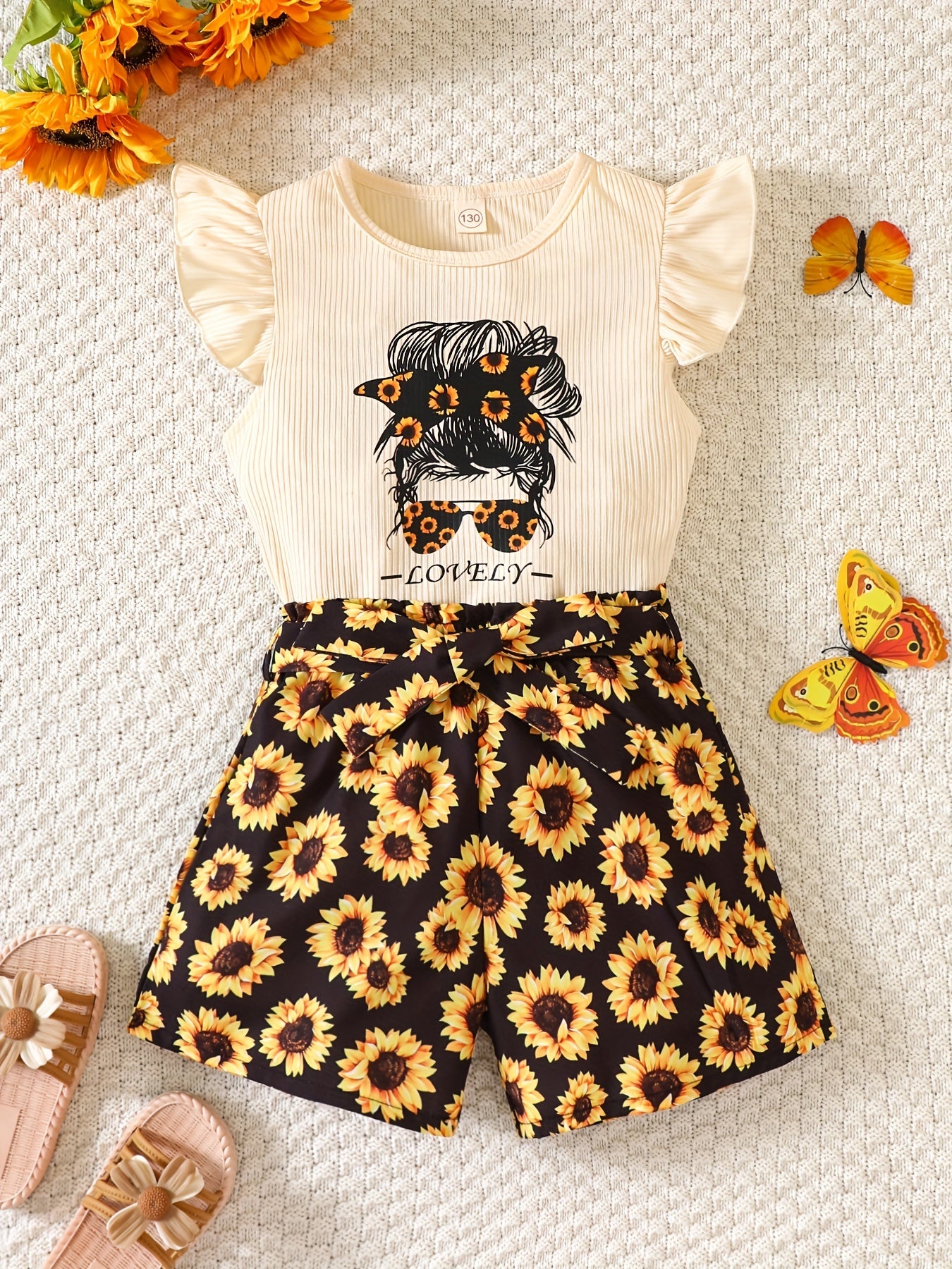 Girls 2 Piece Sunflower Graphic Tee with Shorts Set