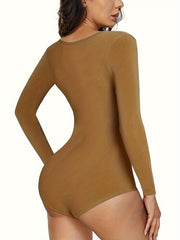 Seamless Solid Shaping Bodysuit Long Sleeve Tummy Control Slimming Body Shaper