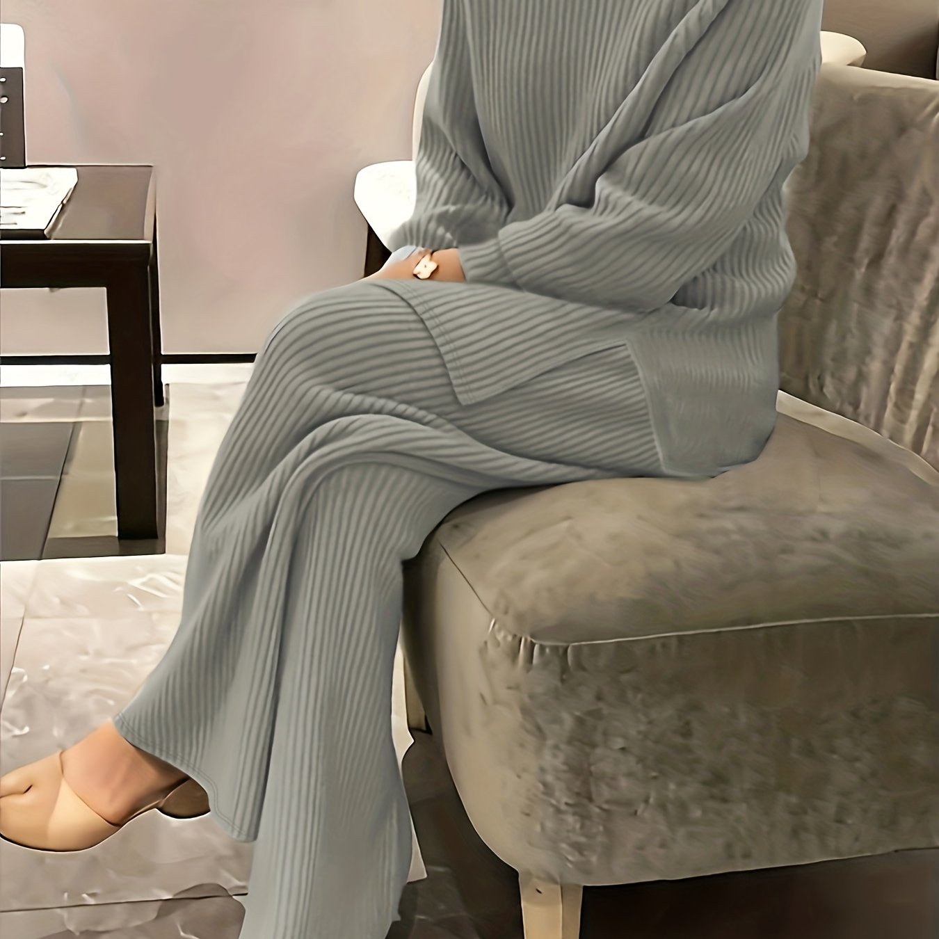 Ribbed Knit Long Sleeve Tee & Pants Outfits Set