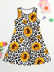Leopard Sunflower Print Sleeveless T Shirt Dress for Girls