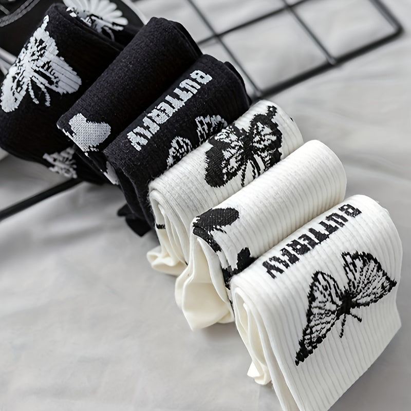 6 Pairs Butterfly Print Ribbed Socks Women's Mid Tube Stockings