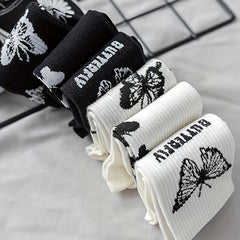 6 Pairs Butterfly Print Ribbed Socks Women's Mid Tube Stockings