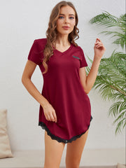Heart Print Lounge Dress Short Sleeve Lace Trim Casual Loungewear
