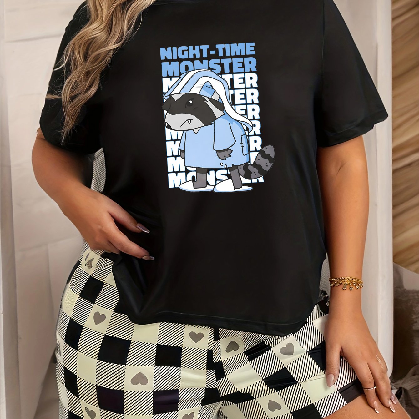 Raccoon Print Short Sleeve Crew Neck Top Women's Loungewear