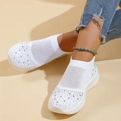 Women's Rhinestone Slip On Sneakers Breathable Casual Outdoor Shoes