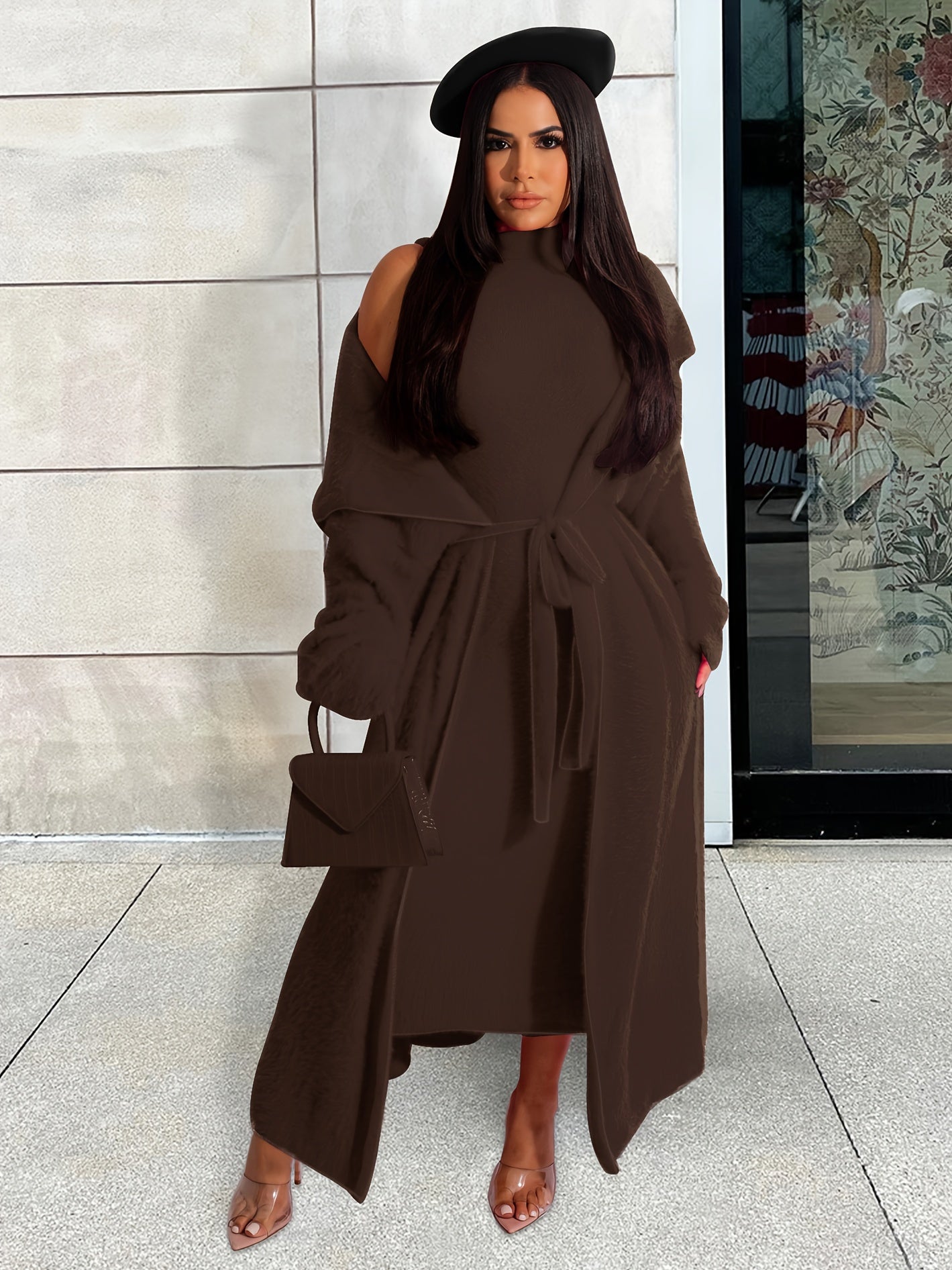 Flannel Shawl Cardigan & Mock Neck Dress Set