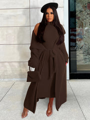 Flannel Shawl Cardigan & Mock Neck Dress Set