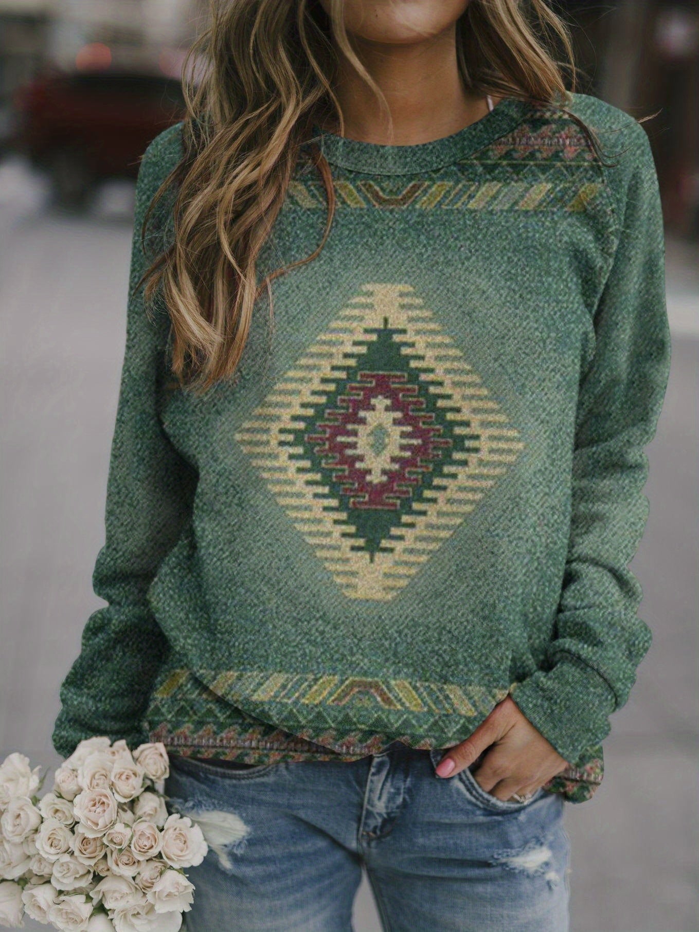 Geometric Ethnic Printed Pullover Shirt Long Sleeve Round Neck