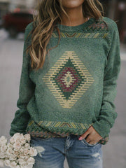 Geometric Ethnic Printed Pullover Shirt Long Sleeve Round Neck