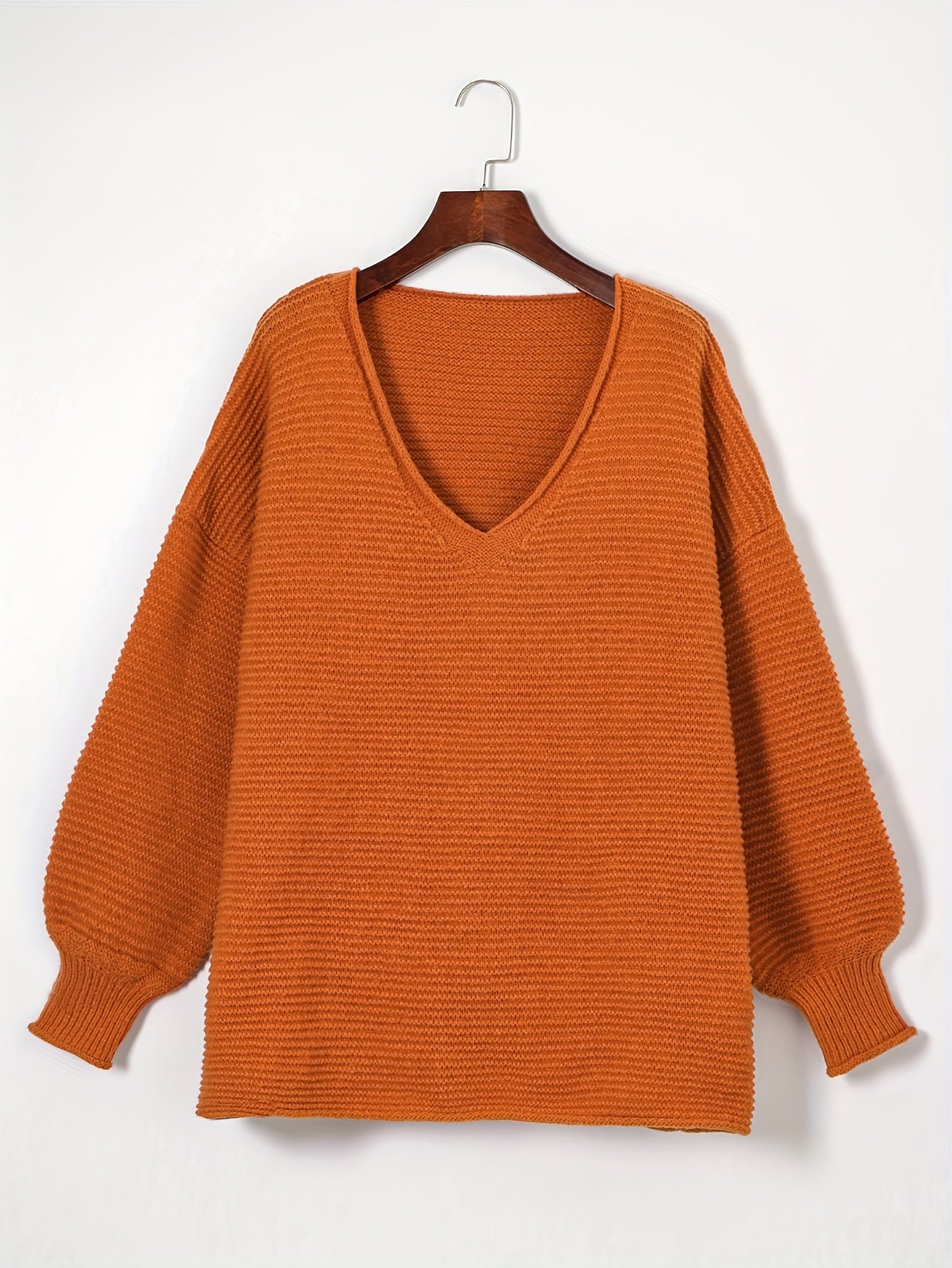 V Neck Solid Ribbed Long Sleeve Sweater