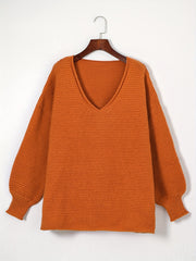 V Neck Solid Ribbed Long Sleeve Sweater