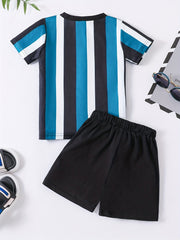 Boys Striped Casual Outfit Round Neck T shirt & Shorts For Summer Kids Clothes