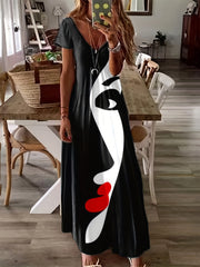 Women's Plus Abstract Figure Print V Neck Maxi Dress