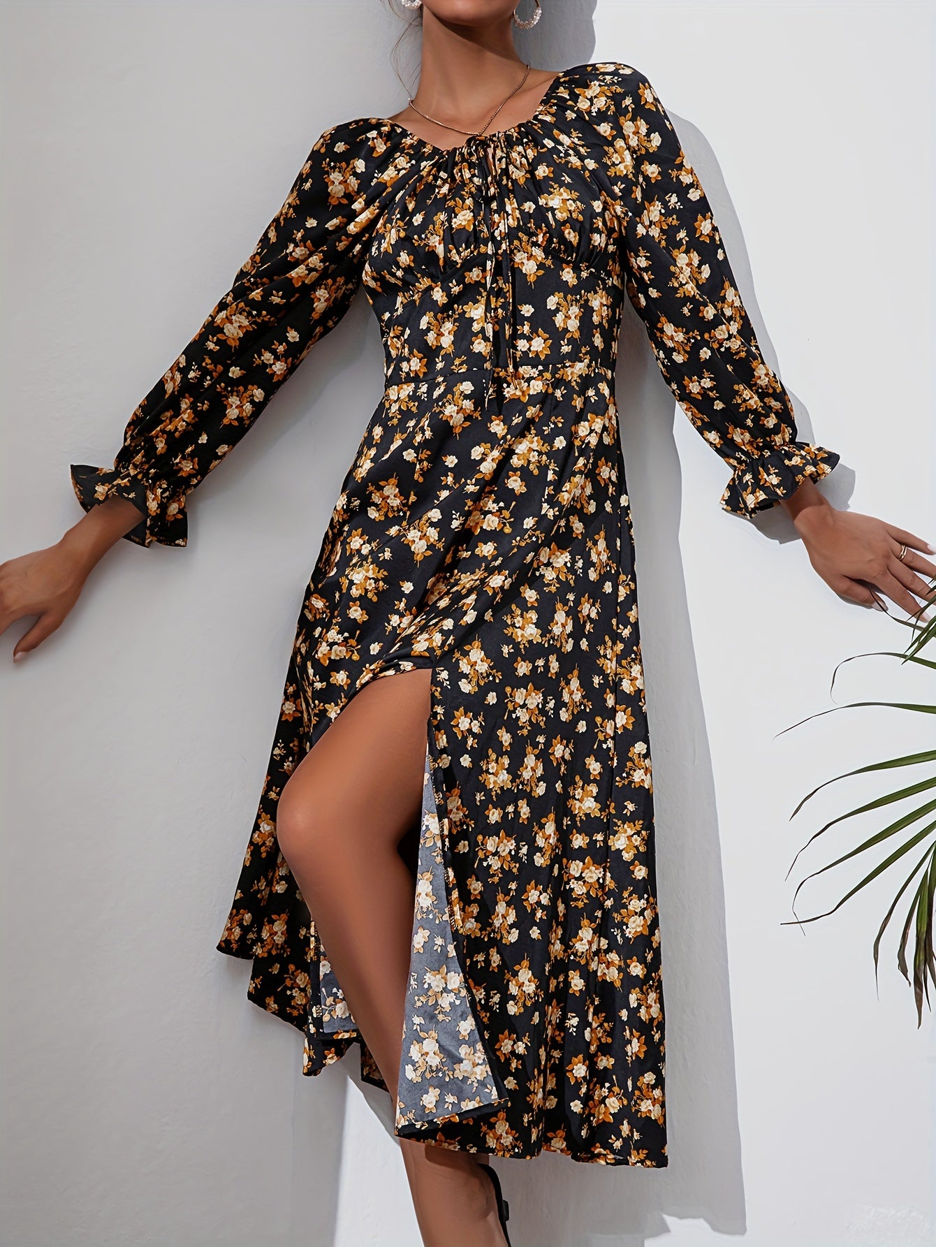 Floral Split Thigh Dress Long Sleeve Squared Neck