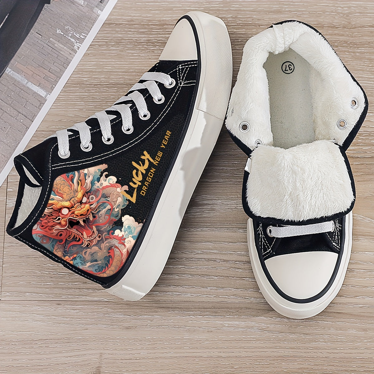 Dragon Print Plush Lined Chunky Canvas Sneakers