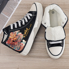 Dragon Print Plush Lined Chunky Canvas Sneakers