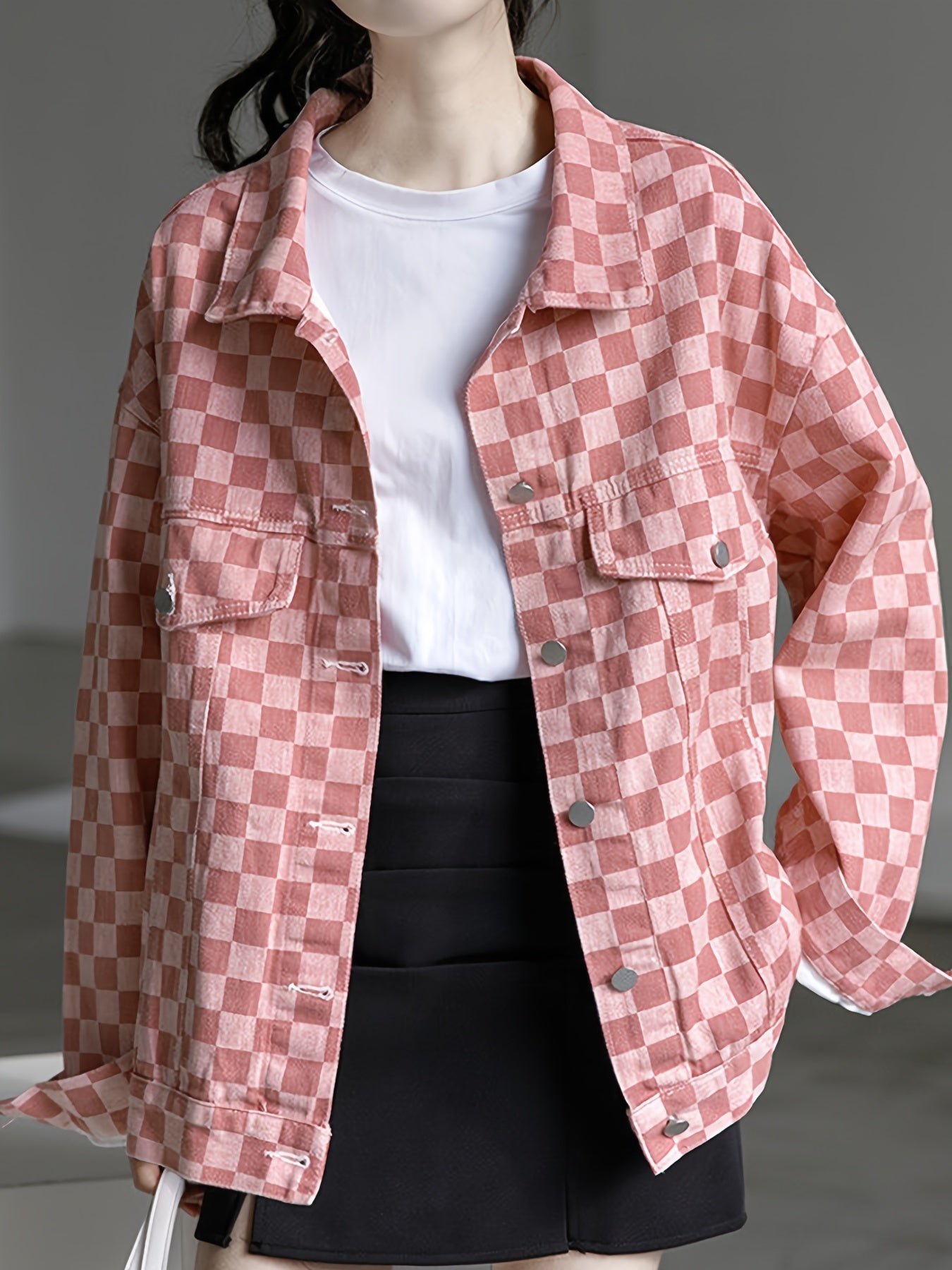 Pink Checkerboard Lapel Denim Jackets Long Sleeves Drop Shoulder Denim Coats