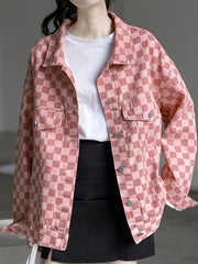 Pink Checkerboard Lapel Denim Jackets Long Sleeves Drop Shoulder Denim Coats
