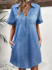 Women's Plus Denim Print Zipper Short Sleeve Mini Dress