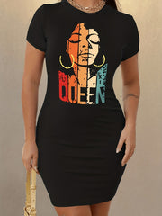 Queen Print Slim Dress Sexy Crew Neck Short Sleeve Women's Clothing