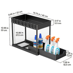2 Tier Sliding Cabinet Basket Organizer with Hooks for Bathroom
