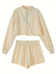 Women's 2pcs Casual Sports Set Sweatshirt & Running Shorts Suit