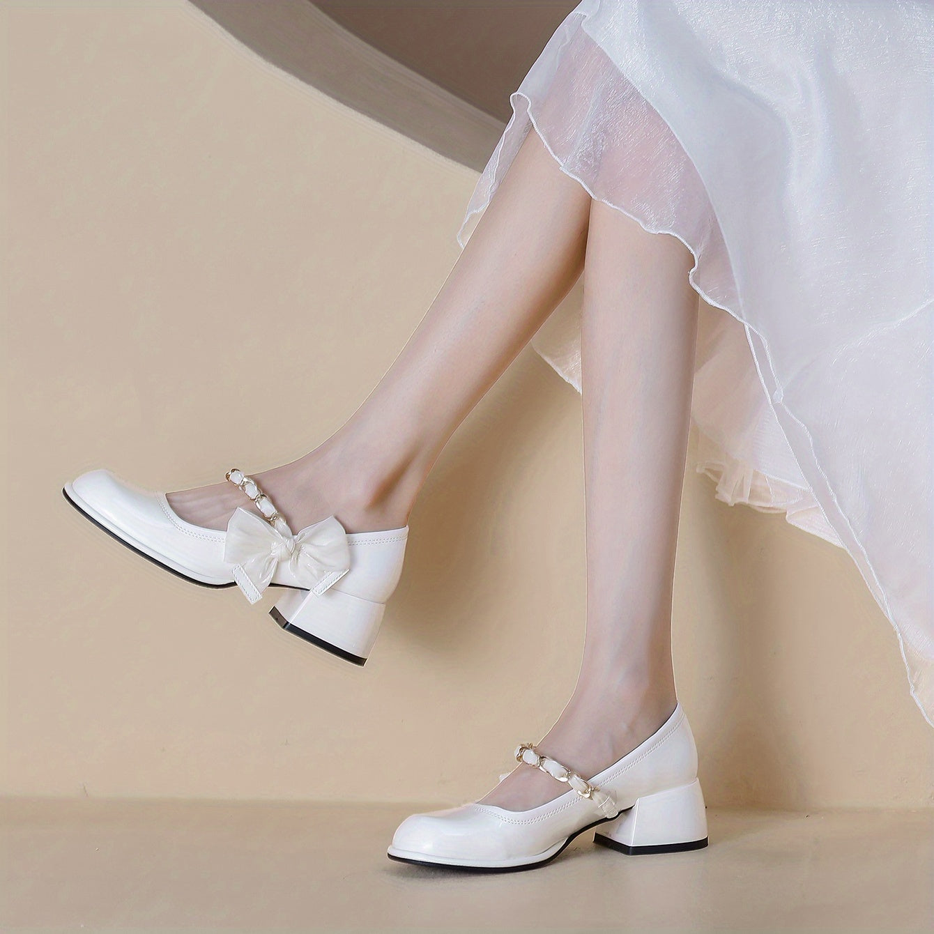 Women's Chain & Pearl Decor Strap Pumps Chunky Heel Shoes