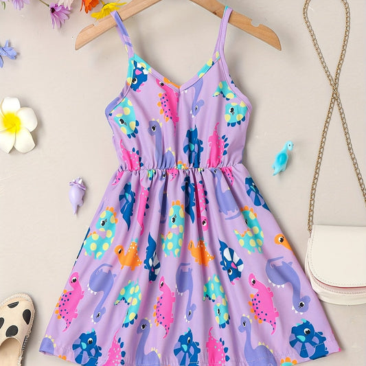Girls Cartoon Animal Print Sundress V-Neck Party Dress