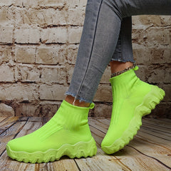 Women's Platform Knitted Sneakers Comfy Slip On High Top Sports Shoes