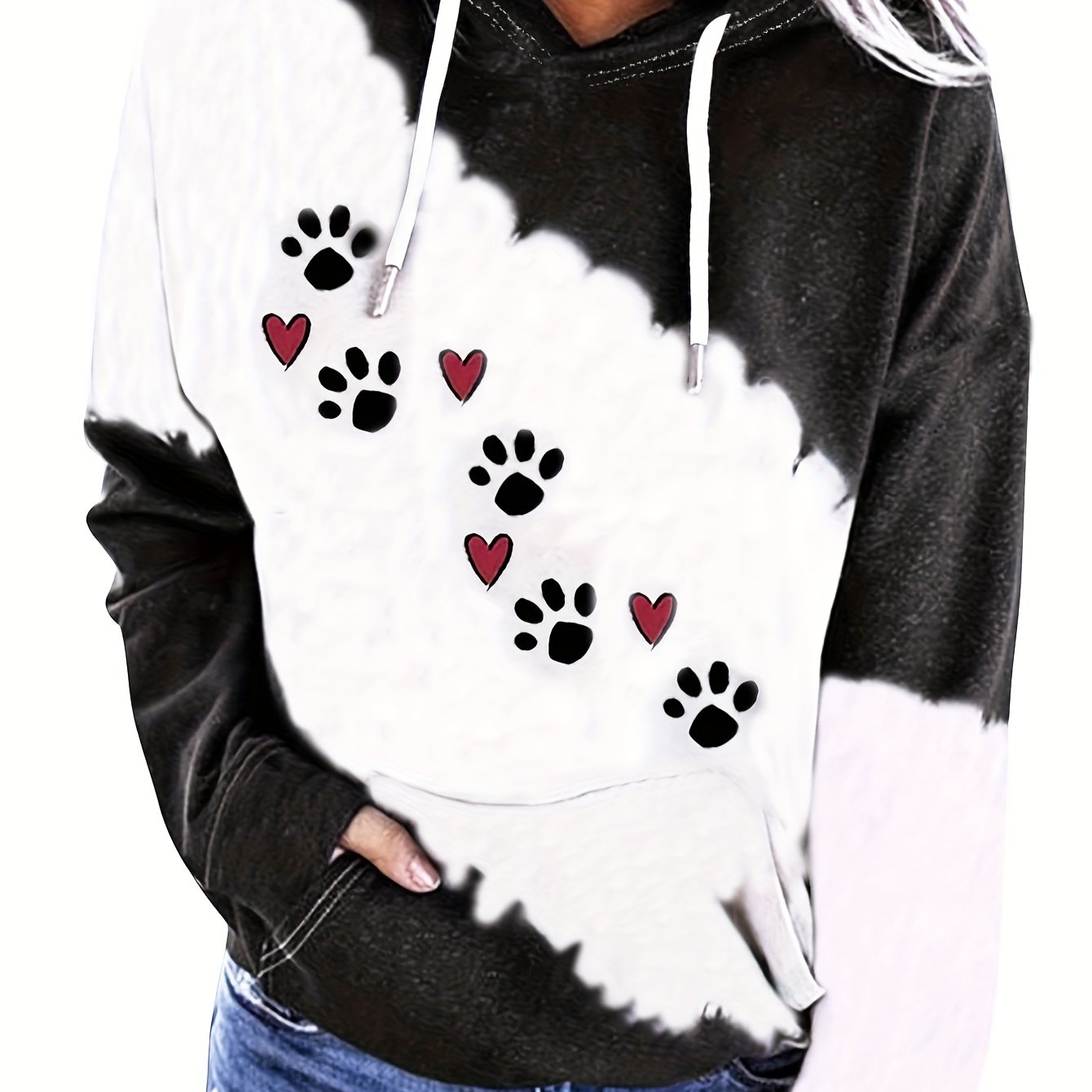 Paw & Heart Print Hoodie Drawstring Sweatshirt