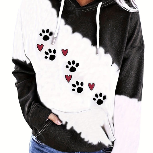 Paw & Heart Print Hoodie Drawstring Sweatshirt