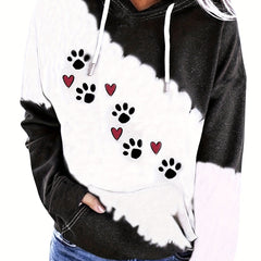 Paw & Heart Print Hoodie Drawstring Sweatshirt