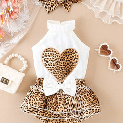 Leopard Print Heart Outfit Skirt & Sleeveless Tops for Baby Girls
