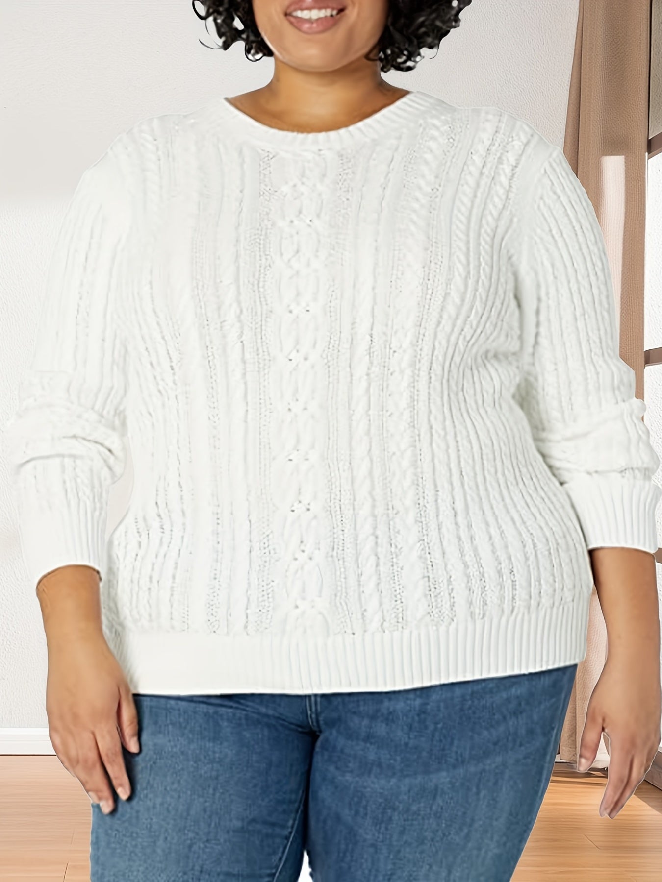 Solid Cable Knit Long Sleeve Sweater Crew Neck Pullover Jumper