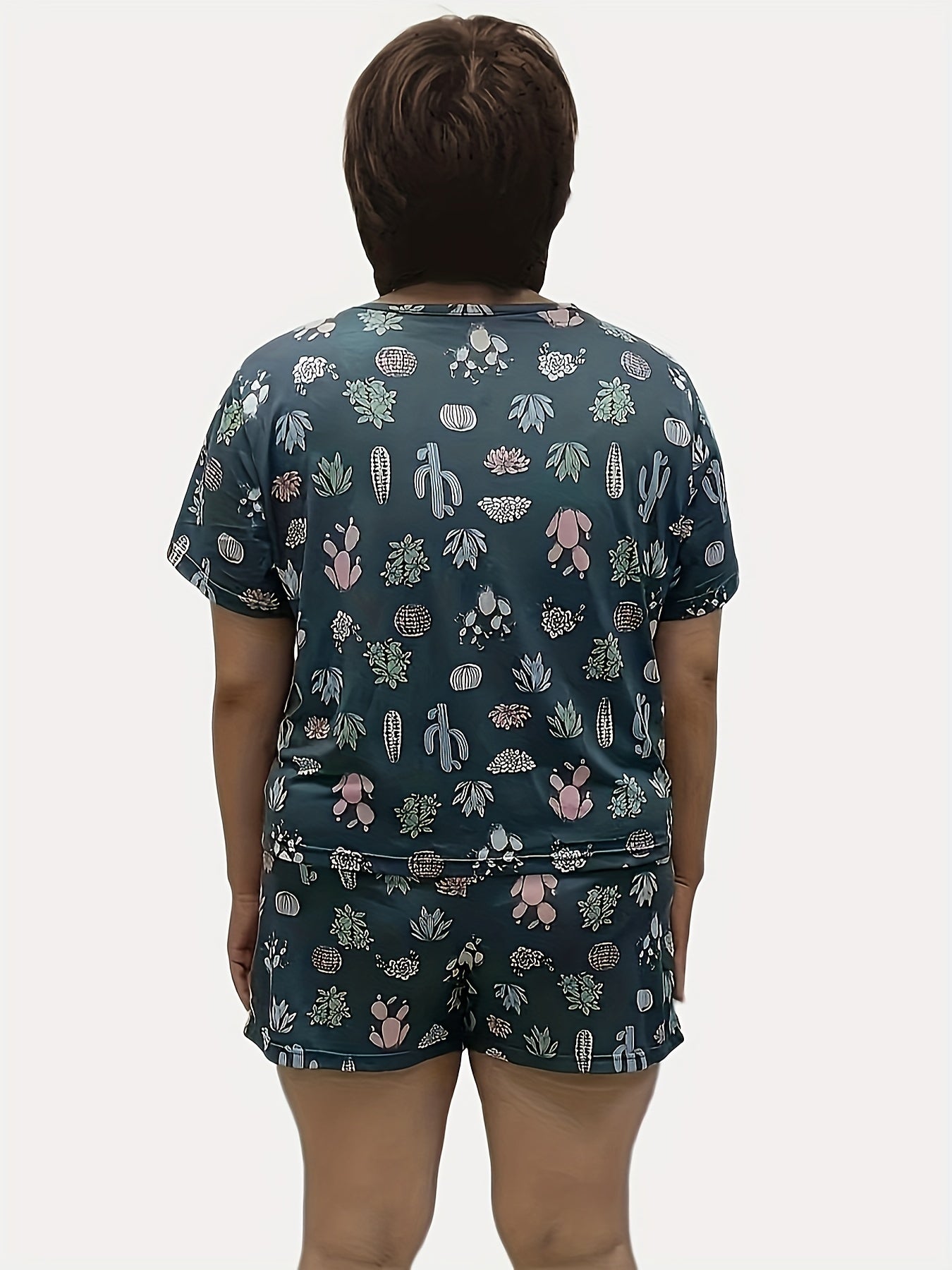 Cactus Print Plus Size Pajama Set - Short Sleeve Top & Shorts