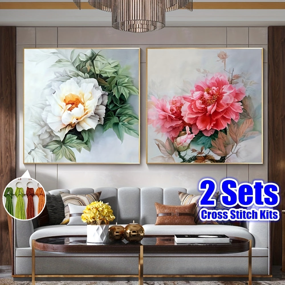 2 Sets Peony Flower Cross Stitch Kit 11CT Printed Canvas Painting DIY Embroidery