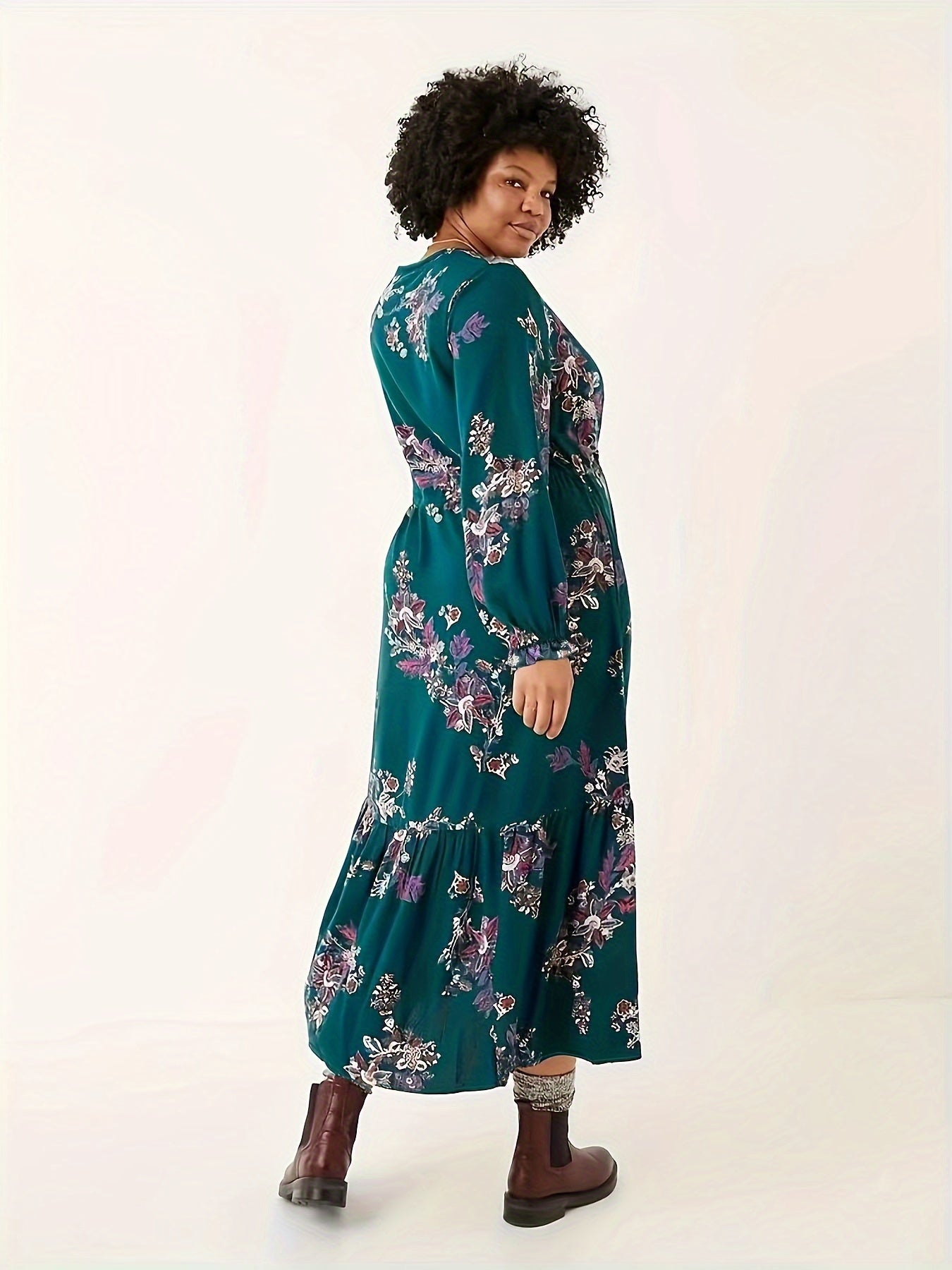 Floral Print Flounce Sleeve Tie Front V Neck Smock Dress