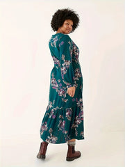 Floral Print Flounce Sleeve Tie Front V Neck Smock Dress