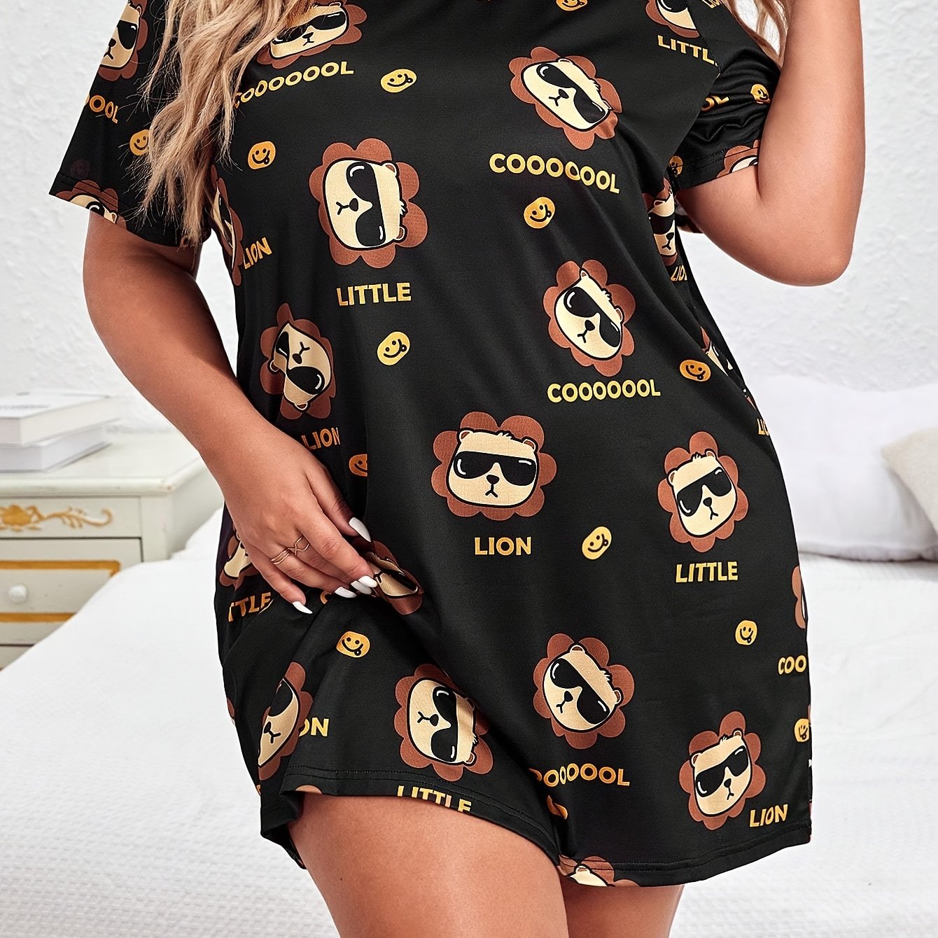 Plus Size Nightdress Cartoon Print Short Sleeve Round Neck Casual Sleep Dress