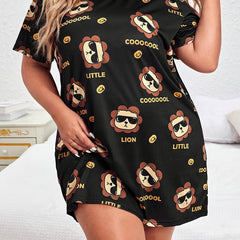 Plus Size Nightdress Cartoon Print Short Sleeve Round Neck Casual Sleep Dress